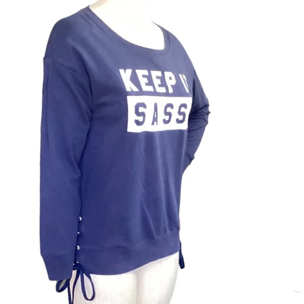 Fifth Sun Keep It Sassy Graphic‎ Sweatshirt/Tee Side Lace-up L Navy Blue #143C - Picture 3 of 8